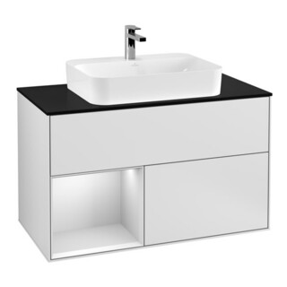 V&B Meuble sous lavabo Finion 100, éclairage mural, placard gauche, blanc mat laqué