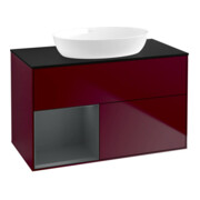 V&B Meuble sous lavabo Finion 100, éclairage mural, plaque d'abattant bleue, étagère médiane laquée, poignée métallique