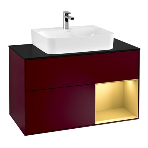 V&B Meuble sous lavabo Finion 100, éclairage mural, plaque d'abattant bleue, rangement réglable, poignée métallique