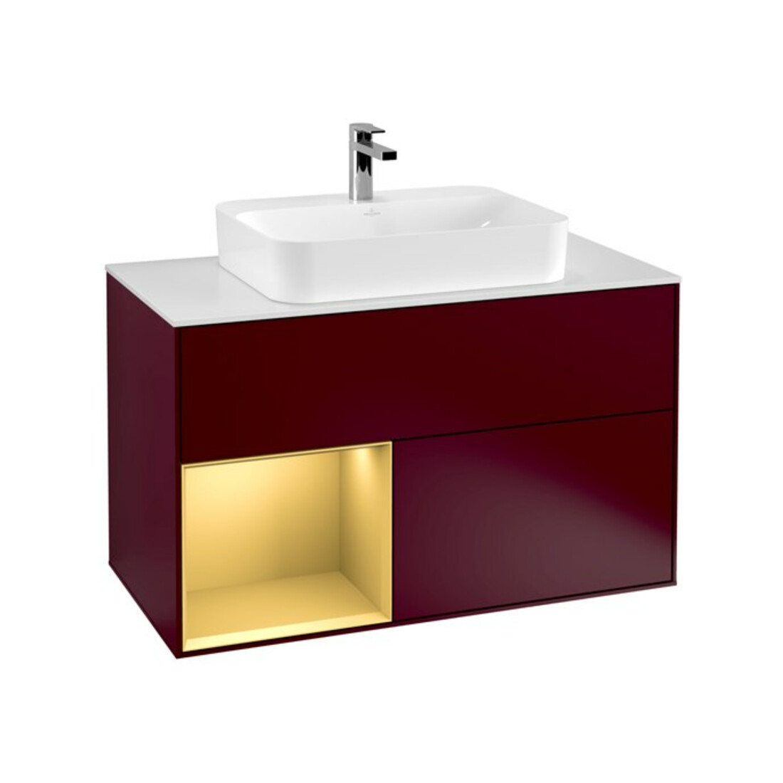 V&B Meuble sous-lavabo Finion 100, éclairage mural, plaque de vidage blanche, tringle gauche, miroir Peo