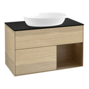 V&B Meuble sous lavabo Finion 100, éclairage mural, plaque d'habillage bleue, réglette wal ven, Oa ven