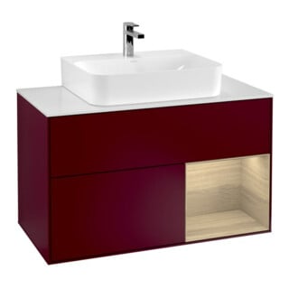 V&B Meuble sous lavabo Finion 100, panneau de fermeture blanc mat, étagère réglable à droite, poignée métal