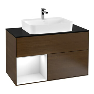 V&B Meuble sous-lavabo Finion 100, Pl b m, Éclairage mural, rég. gch, blanc brillant, placage noyer