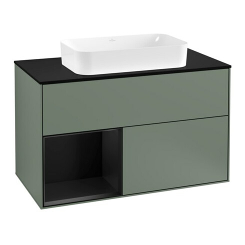 V&B Meuble sous-lavabo Finion 100, Pl b m, Éclairage mural, Rg g bleu m Laq, Oli. m Laq