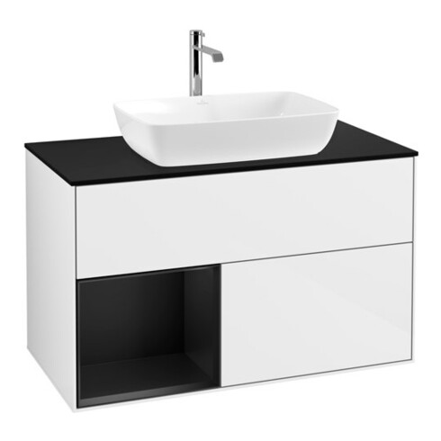 V&B Meuble sous lavabo Finion 100, Pl b m, Étagère bleue m Lac, blanc brillant Lac