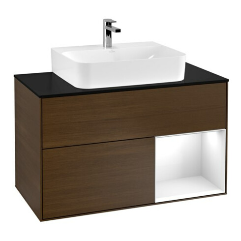 V&B Meuble sous lavabo Finion 100, Pl b m, Reg re glo blanc, placage noyer