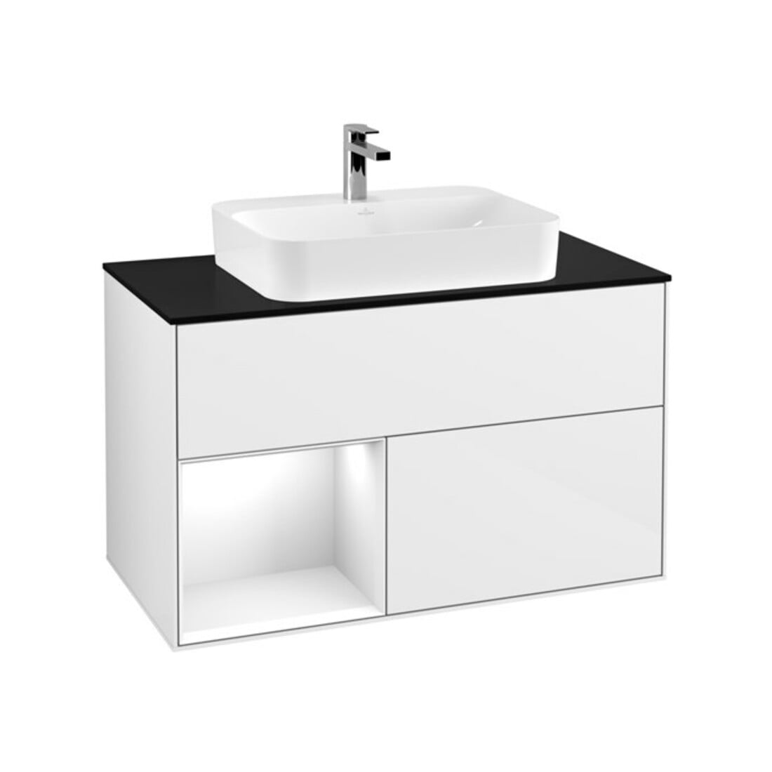 V&B Meuble sous lavabo Finion 100, Pl b m, Rg l g blanc laqué, brillant blanc laqué