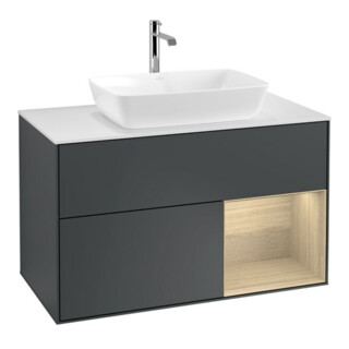 V&B Meuble sous lavabo Finion 100, Pl blanc, avec éclairage mural, régulateur Oa ven, avec éclairage bleu, avec Lac