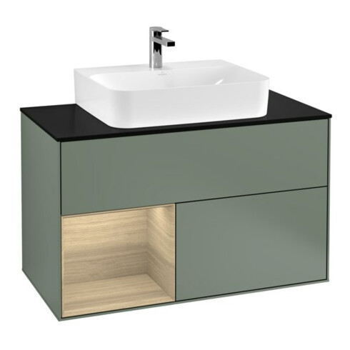 V&B Meuble sous-lavabo Finion 100, pl blanc, avec étagère gauche, olivier mat laqué