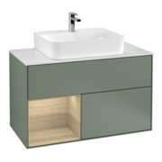 V&B Meuble sous-lavabo Finion 100, Pl blanc, Étagère gauche, Olivé, avec laque