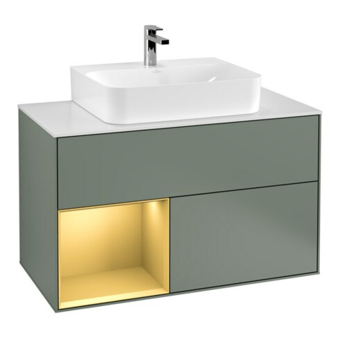 V&B Meuble sous-lavabo Finion 100, Pl blanc, étagère gauche, or mat, huile mat laqué