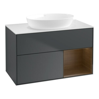 V&B Meuble sous-lavabo Finion 100, Pl blanc, étagère noyer verni, miroir bleu mat Lac