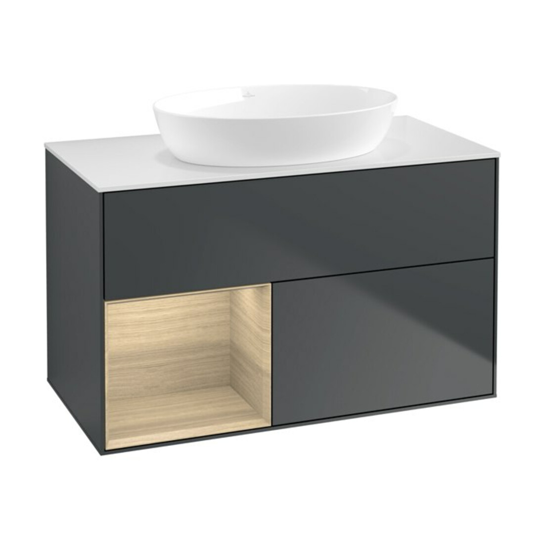 V&B Meuble sous lavabo Finion 100, pl blanc mat, avec rangement ouvert, méd. bleu mat laqué