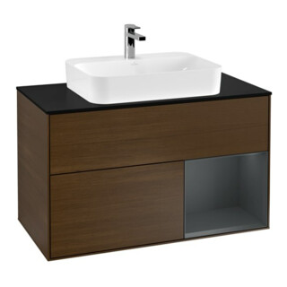 V&B Meuble sous lavabo Finion 100, Pl blanc mat, côté droit, porte médiane bleue, avec laque, veinage noyer