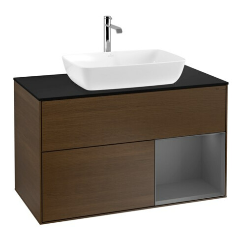 V&B Meuble sous lavabo Finion 100, Pl blanc mat, Étagère anthracite avec laque, veinage bois