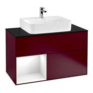 V&B Meuble sous lavabo Finion 100, pl blanc mat, étagère gauche, blanc brillant laqué, poignée métal