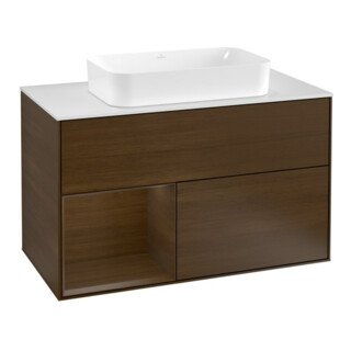V&B Meuble sous lavabo Finion 100, Pl blanc mat, étagère gauche, noyer veneer