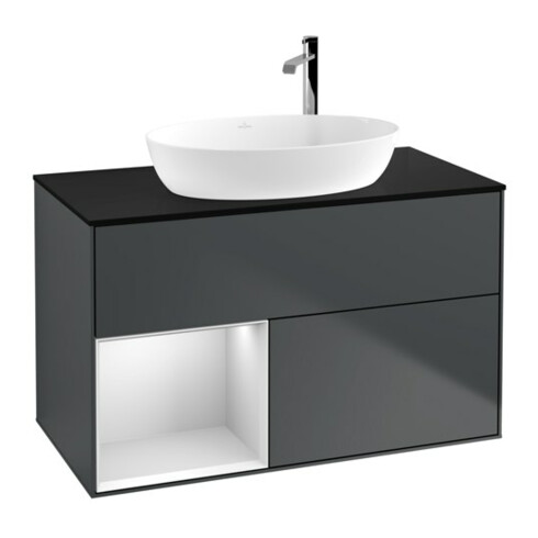 V&B Meuble sous-lavabo Finion 100, Pl blanc mat, Rayures blanc mat Lac, méd. bleu mat Lac