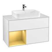 V&B Meuble sous lavabo Finion 100, pl blanc mat, rég gauche, poignée métal, laqué blanc brillant-1