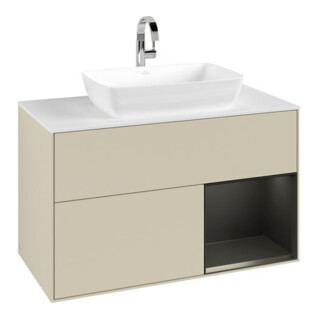 V&B Meuble sous lavabo Finion 100, Pl blanc mat, Réglette bleue mate laquée, poignée gris mat laquée