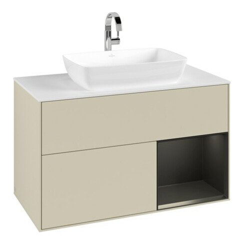 V&B Meuble sous lavabo Finion 100, Pl blanc mat, Réglette bleue mate laquée, poignée gris mat laquée