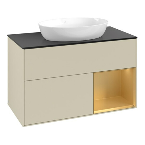 V&B Meuble sous lavabo Finion 100, Pl blanc mat, Réglette dorée mat Lac, poignée gris mat Lac