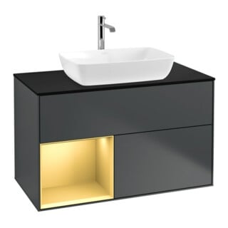 V&B Meuble sous-lavabo Finion 100, Pl blanc mat, Réglette dorée mat, médaille bleue mat