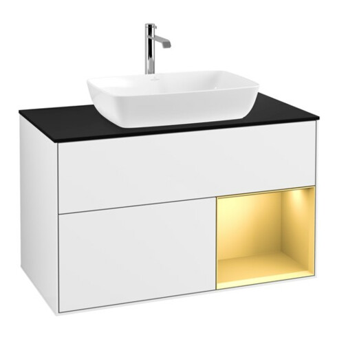 V&B Meuble sous lavabo Finion 100, Pl blanc mat, Réglette dorée mate, laque blanc brillant