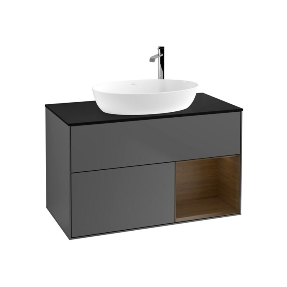 V&B Meuble sous-lavabo Finion 100, Pl blanc mat, Réglette en noyer, Anthracite mat