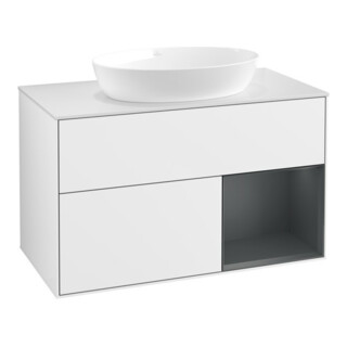 V&B Meuble sous lavabo Finion 100, Pl blanc mat, Réglette médium mat, Laqué blanc brillant