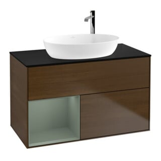 V&B Meuble sous-lavabo Finion 100, Pl blanc mat, Réglette Oliva m Lac, noyer veinée