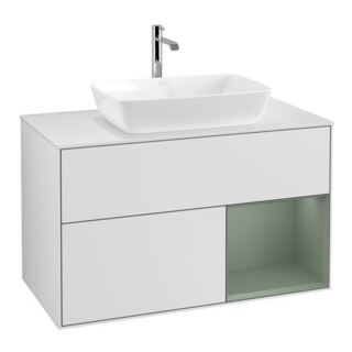 V&B Meuble sous lavabo Finion 100, pl blanc mat, réglette olivier mat laqué, blanc mat laqué