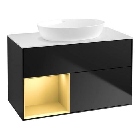 V&B Meuble sous-lavabo Finion 100, Pl blanc mat, Réglette or mat Lac, bleu mat Lac