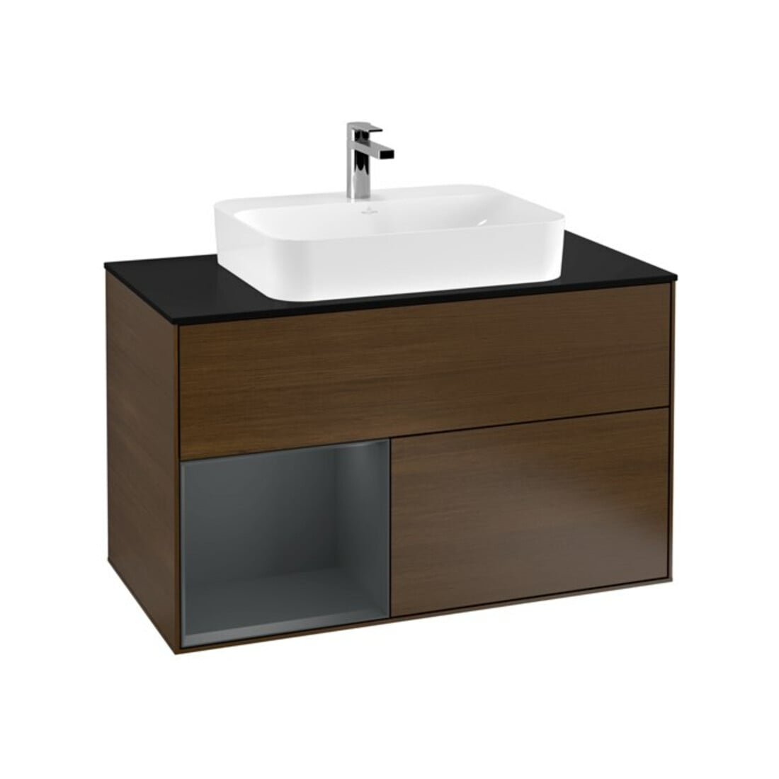 V&B Meuble sous-lavabo Finion 100, Pl blanc mat, Rg gauche avec blanc mat laqué, noyer veinée
