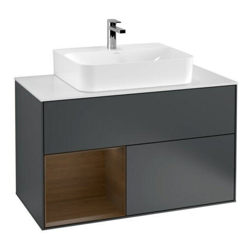 V&B Meuble sous lavabo Finion 100, Pl blanc mat, Rg gauche, noyer, avec plancher mat Lac