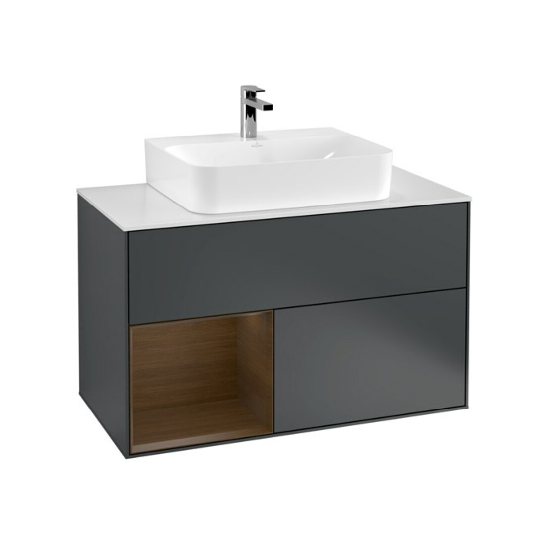 V&B Meuble sous lavabo Finion 100, Pl blanc mat, Rg gauche, noyer, avec plancher mat Lac
