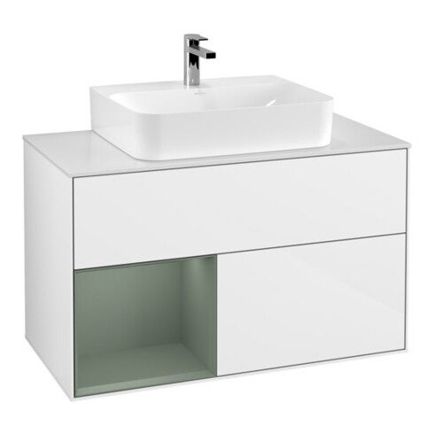 V&B Meuble sous lavabo Finion 100, Pl blanc mat, Rg gauche, Ol mat Lac, blanc brillant Lac