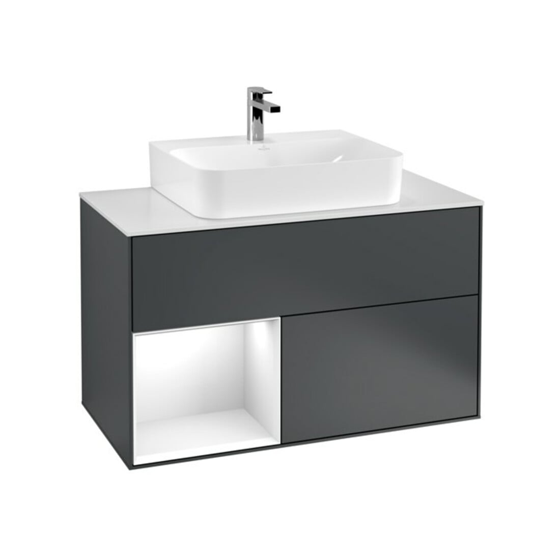 V&B Meuble sous lavabo Finion 100, Pl blanc mat, Rg laqué gris, md bleu mat laqué