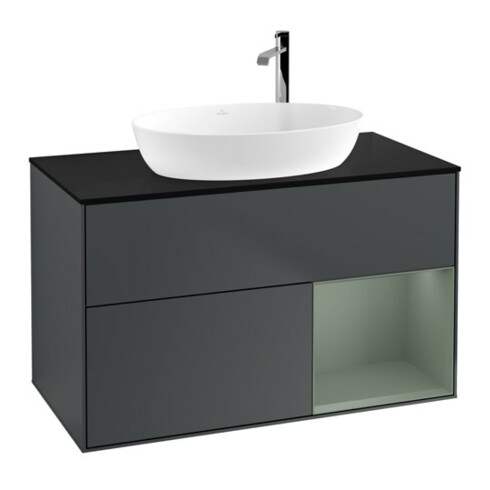 V&B Meuble sous lavabo Finion 100, Pl blanc mat, Rg Olive mat laqué, avec bleu mat laqué