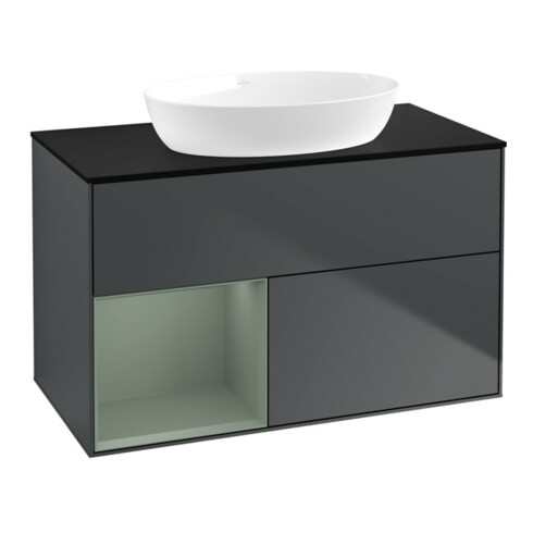 V&B Meuble sous-lavabo Finion 100, Pl blanc mat, Rg Olive mat laqué, avec bleu mat laqué