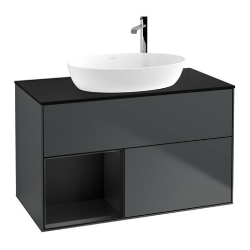 V&B Meuble sous lavabo Finion 100, Pl blanc mat, Tiroir bleu mat laqué, avec poignée bleue mat laqué