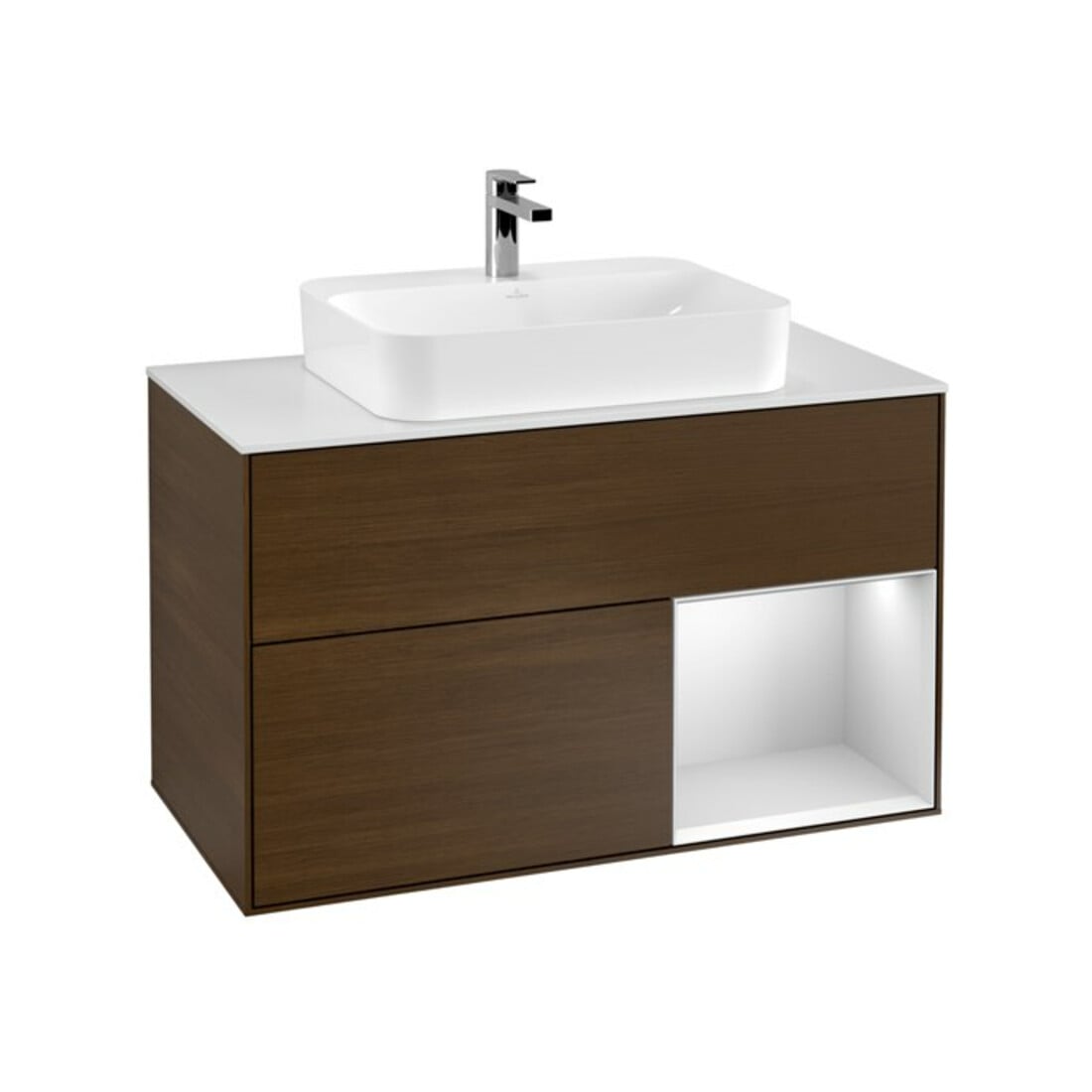 V&B Meuble sous-lavabo Finion 100, pl blanc mat, tiroir droit blanc mat laqué, veinage noyer