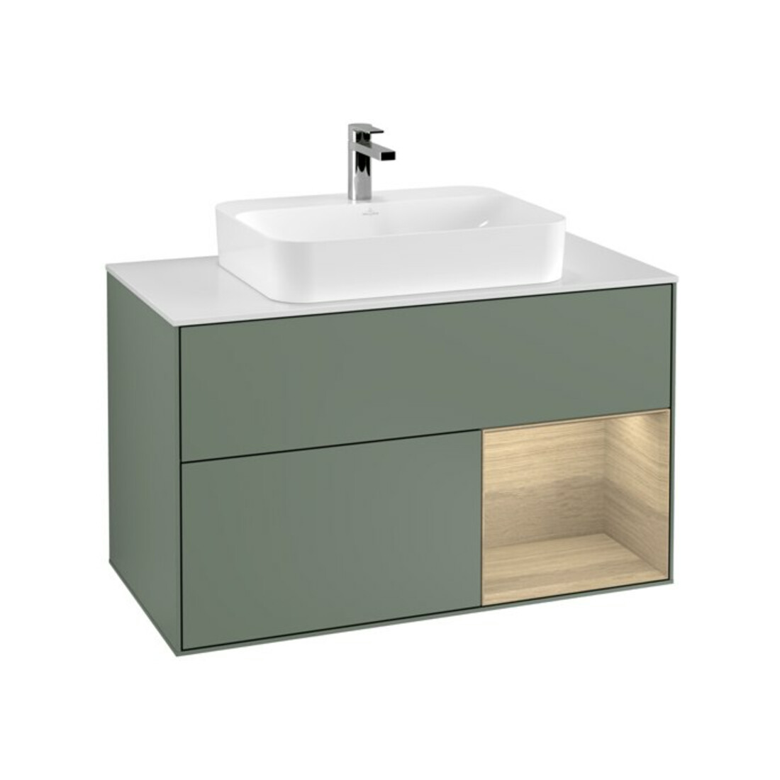 V&B Meuble sous lavabo Finion 100, pl blanc mat, tiroir droit, olivier mat laqué