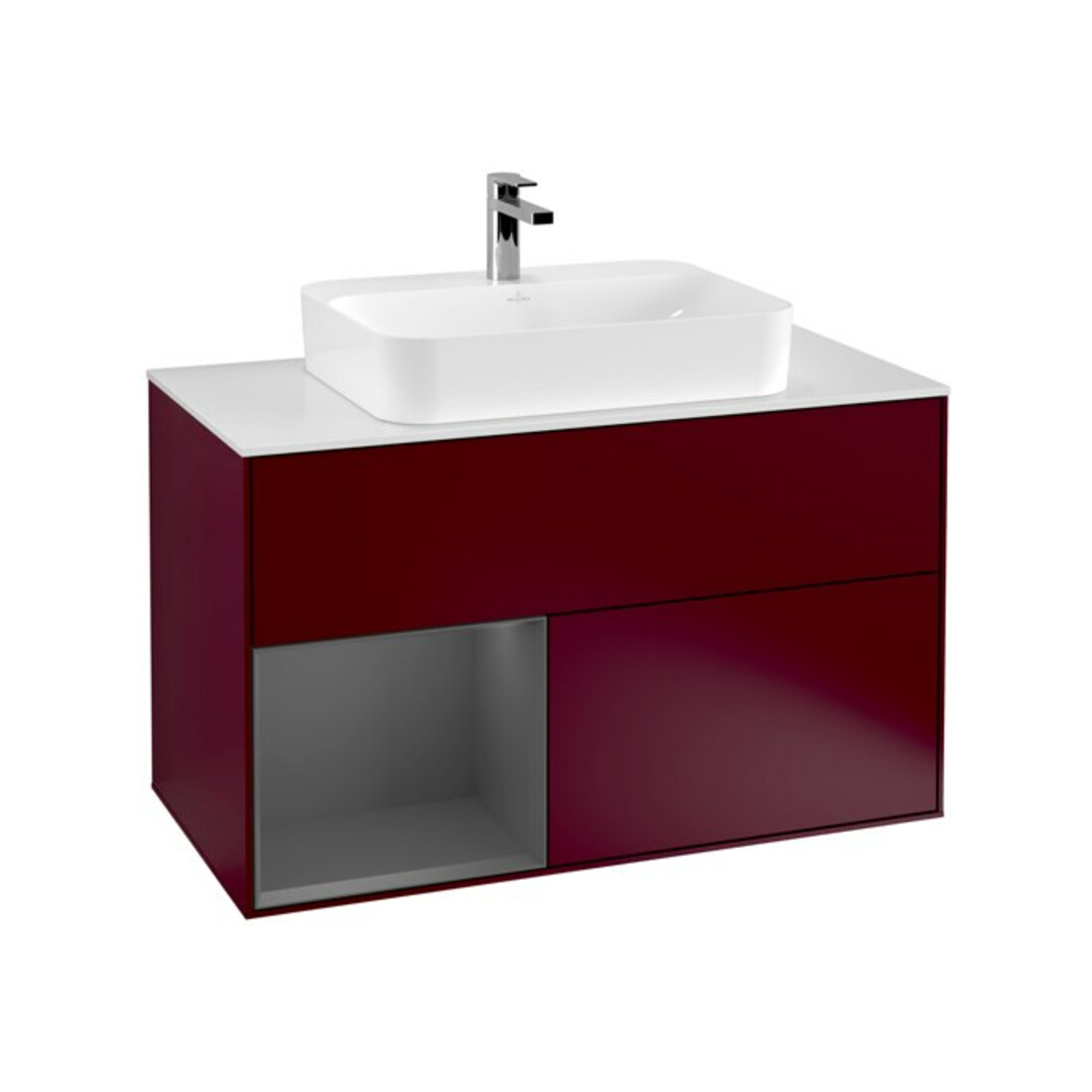 V&B Meuble sous lavabo Finion 100, pl blanc mat, tiroir gauche anthracite mat, poignée m