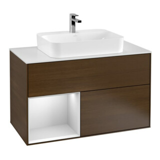 V&B Meuble sous lavabo Finion 100, pl blanc mat, tiroir gauche blanc mat Lac, noyer ven