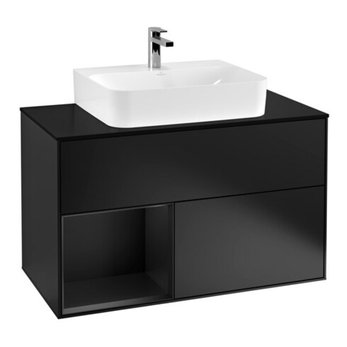 V&B Meuble sous-lavabo Finion 100, pl blanc mat, tiroir gauche, bleu mat laqué