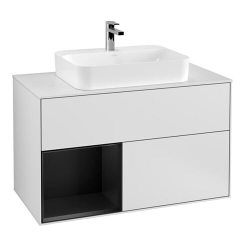 V&B Meuble sous lavabo Finion 100, pl blanc mat, tiroir gauche, bleu mat laqué, blanc mat laqué