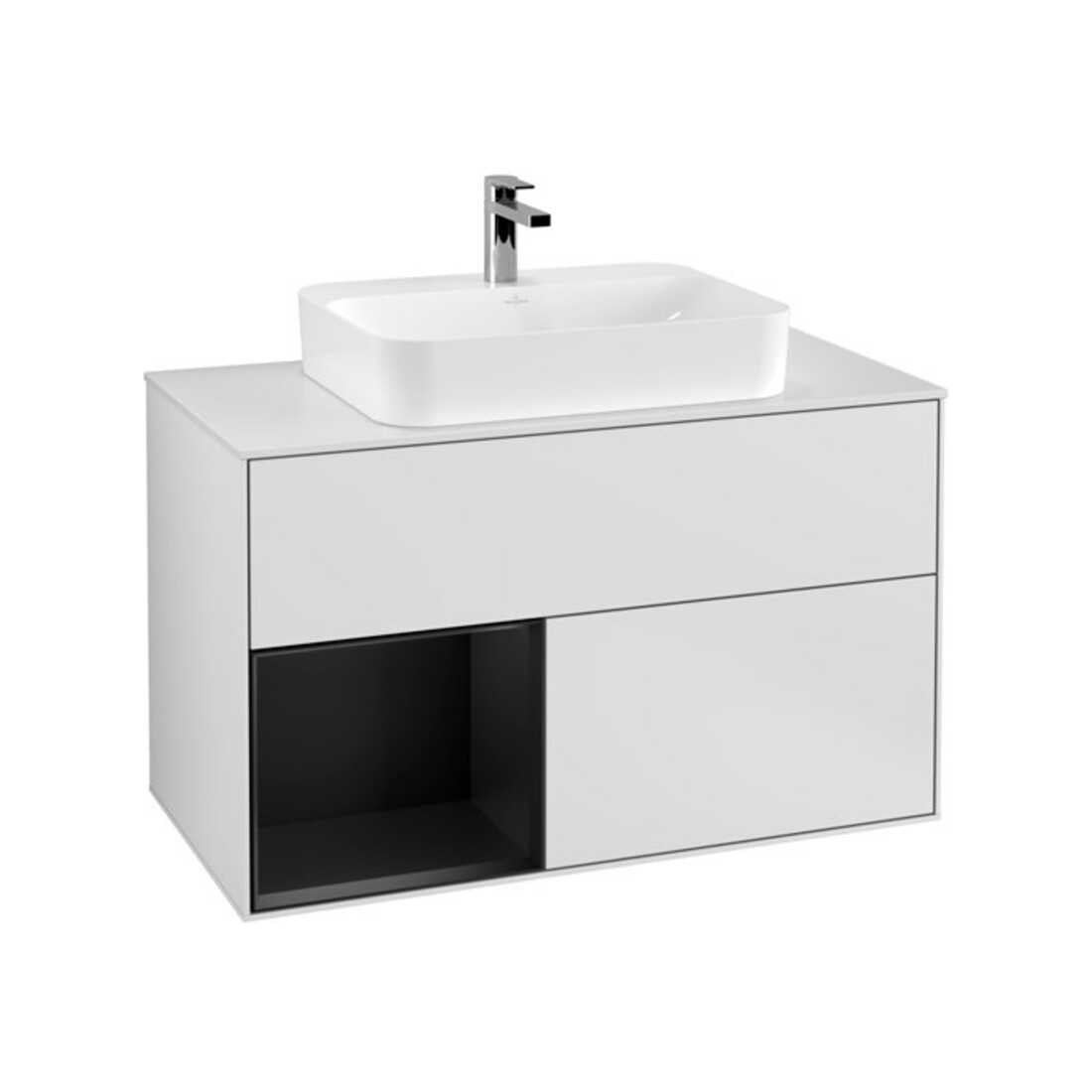 V&B Meuble sous lavabo Finion 100, pl blanc mat, tiroir gauche, bleu mat laqué, blanc mat laqué