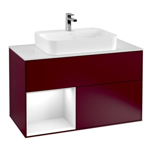 V&B Meuble sous-lavabo Finion 100, Pl blanc mat, Tiroir gauche brillant blanc laqué, Poignée métal