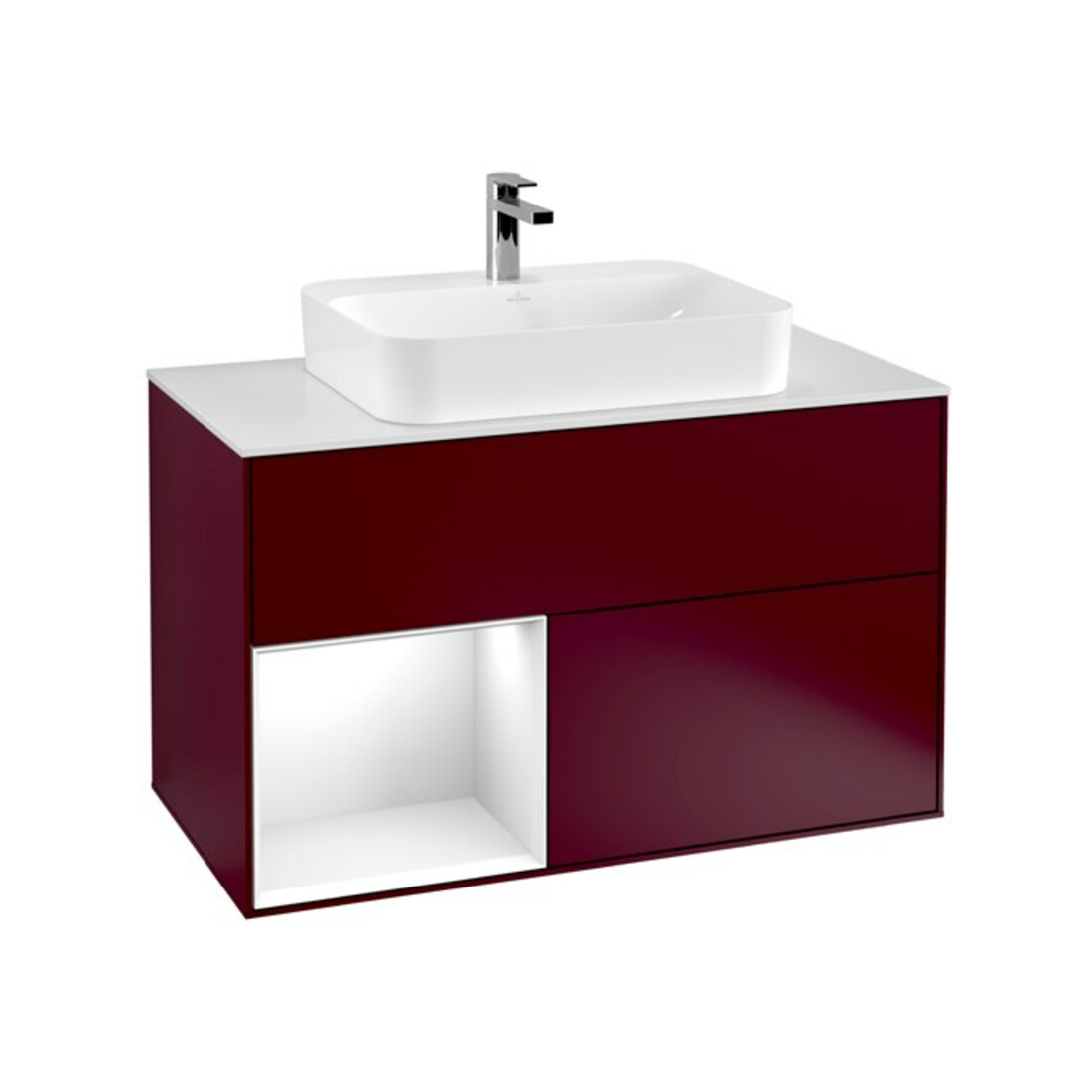 V&B Meuble sous-lavabo Finion 100, Pl blanc mat, Tiroir gauche brillant blanc laqué, Poignée métal